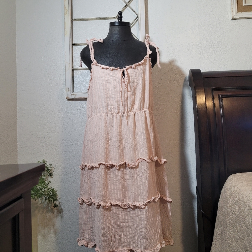 Arula Pink Peach Tiered Ruffles Midi Dress with Shoulder Tie Straps Size 8